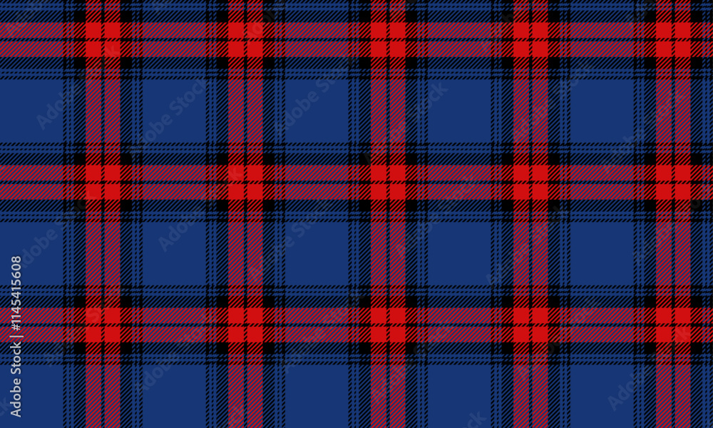 Fototapeta premium Plaid fabric pattern, blue, red, black, seamless lattice cross lines pattern for textile, and for designing clothes, skirts or decorative fabrics. Vector illustration.