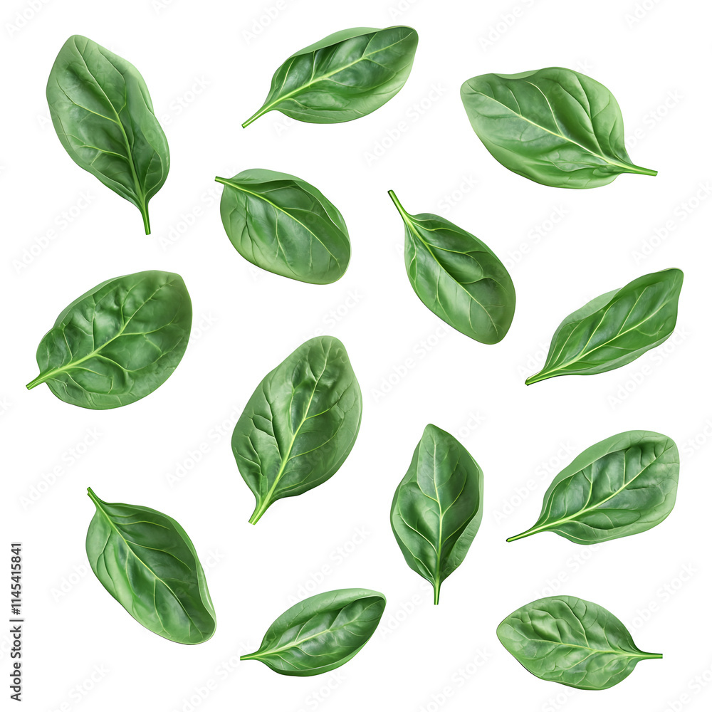 A few fresh 3D Spinach Leaves arranged in a scattered pattern, showing their smooth and veined texture A few fresh 3D Spinach Leaves arranged in a scattered pattern, showing their smooth and veined texture