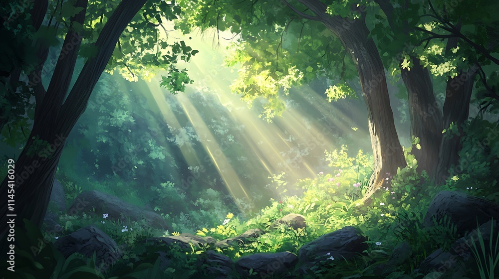 Obraz premium A tranquil scene of sunlight breaking through the dense canopy of a lush green forest, illuminating the misty air and highlighting delicate leaves and tree trunks 