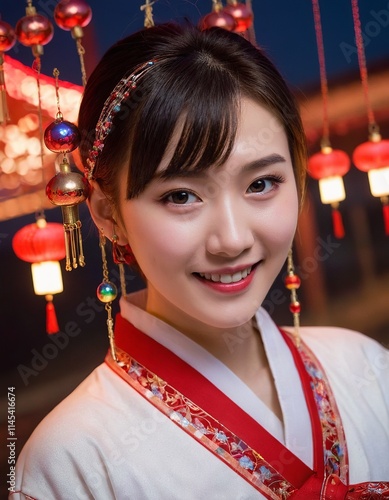 Captivating Photography of a Chinese Girl in Traditional Hanfu: Short Hair, Colorful Bells, and a Charming Smile Under Soft Night Lights
