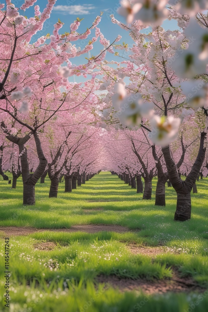 Obraz premium A picturesque cherry orchard in full bloom during springtime, with rows of cherry trees covered in white and pink blossoms