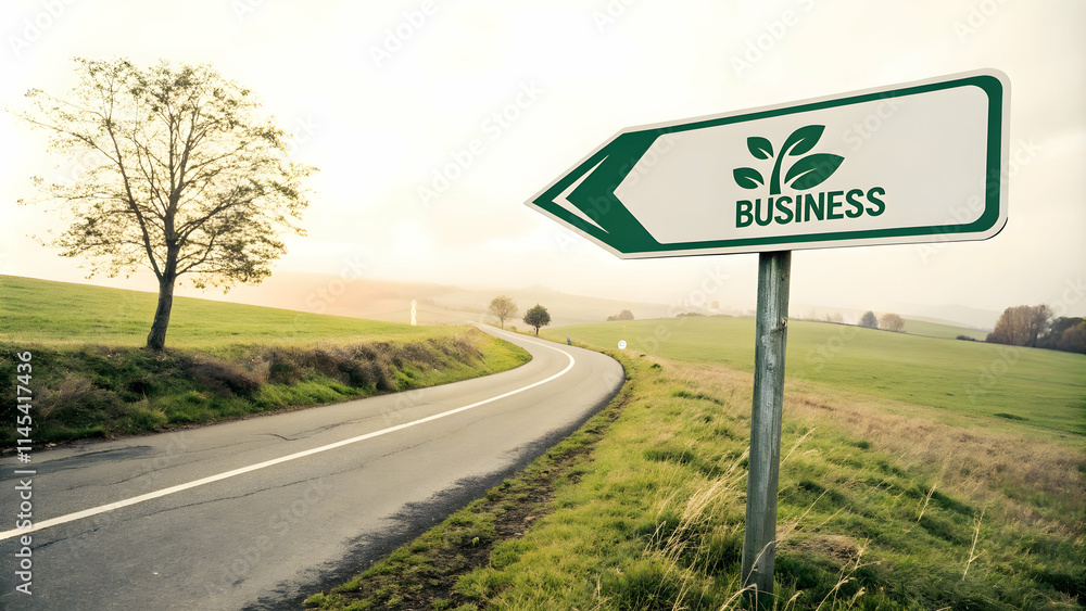 Business Road Sign Pointing to Sustainability with Abstract Background and Copy Space Business Road Sign Pointing to Sustainability with Abstract Background and Copy Space