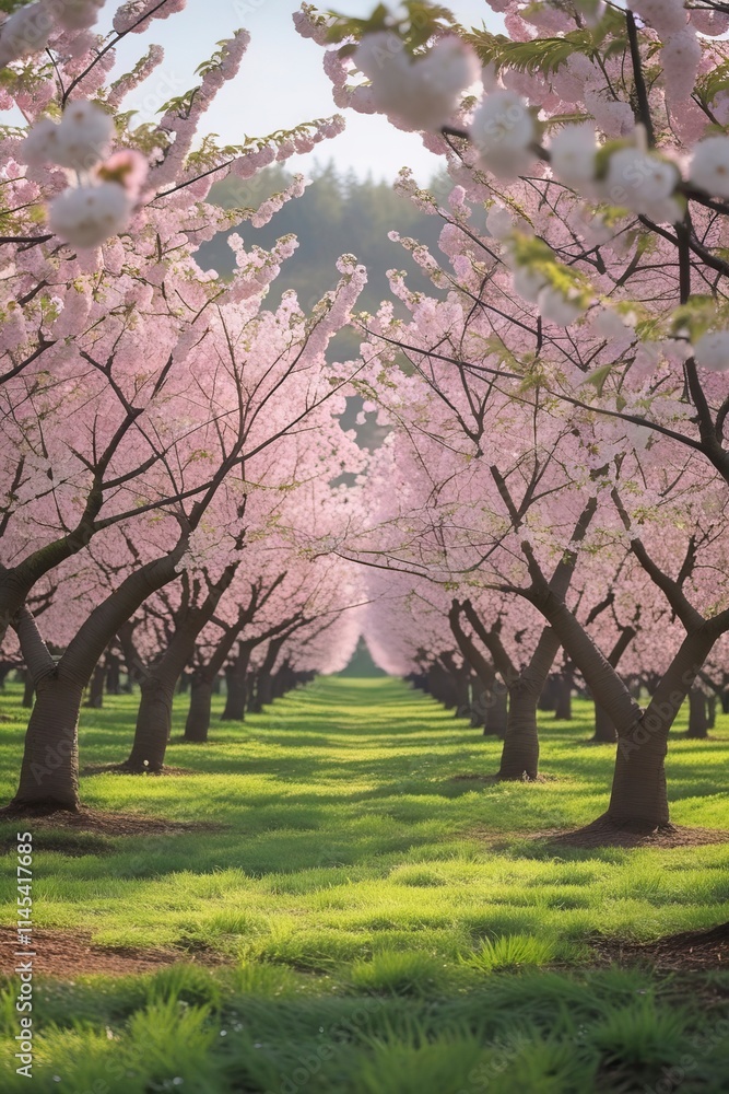 A picturesque cherry orchard in full bloom during springtime, with rows of cherry trees covered in white and pink blossoms A picturesque cherry orchard in full bloom during springtime, with rows of cherry trees covered in white and pink blossoms