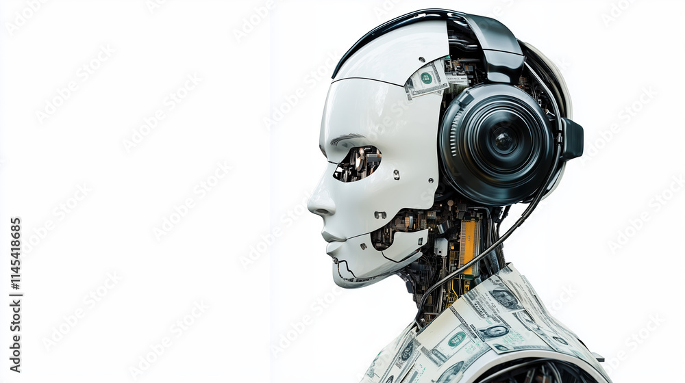 Modern Robot Learning Secrets of AI-Powered Wealth on white background Modern Robot Learning Secrets of AI-Powered Wealth on white background