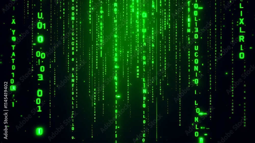 Green matrix code cascading down a dark background, resembling the iconic digital rain effect, perfect for tech, futuristic, or coding-related designs. Green matrix code cascading down a dark background, resembling the iconic digital rain effect, perfect for tech, futuristic, or coding-related designs.