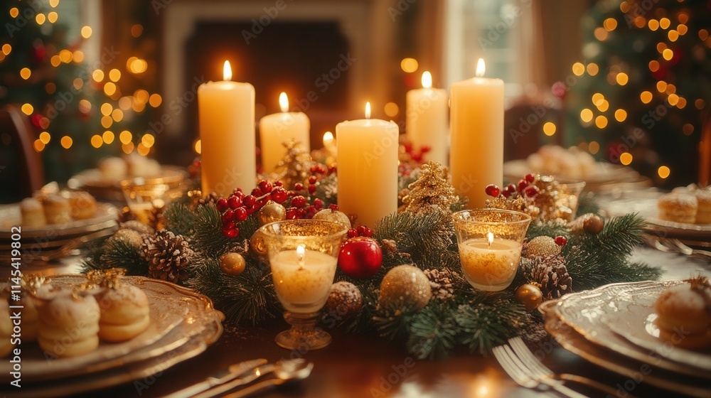 A festive dining table adorned with candles and decorations for a holiday celebration. A festive dining table adorned with candles and decorations for a holiday celebration.