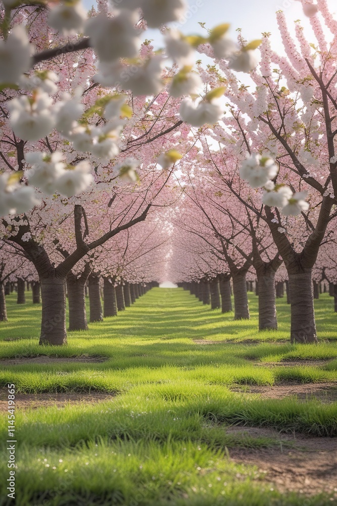 A picturesque cherry orchard in full bloom during springtime, with rows of cherry trees covered in white and pink blossoms A picturesque cherry orchard in full bloom during springtime, with rows of cherry trees covered in white and pink blossoms