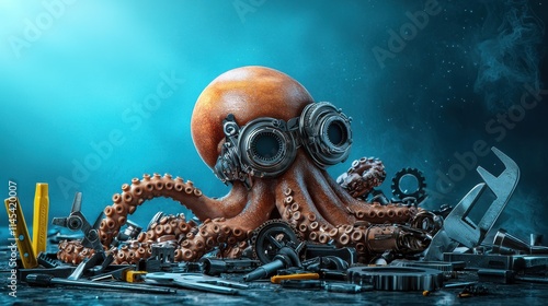 Mechanical octopus adventure workshop digital art steampunk environment side view unique design for creative projects photo