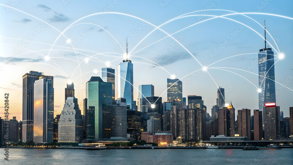 Fototapeta premium Illuminated City Skyline with Glowing Network Lines Symbolizing Cyber Resilience