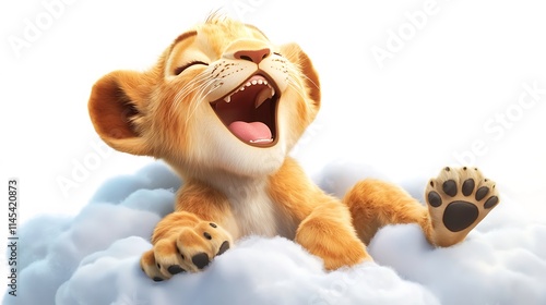 A cartoon lion cub is smiling and laughing while laying on a cloud photo