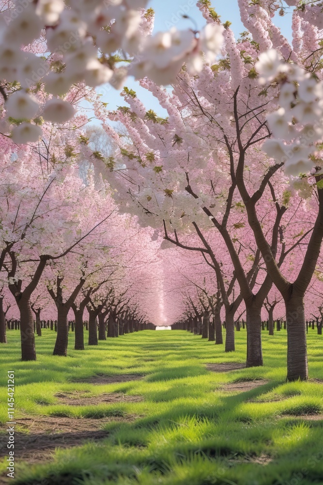 A picturesque cherry orchard in full bloom during springtime, with rows of cherry trees covered in white and pink blossoms A picturesque cherry orchard in full bloom during springtime, with rows of cherry trees covered in white and pink blossoms