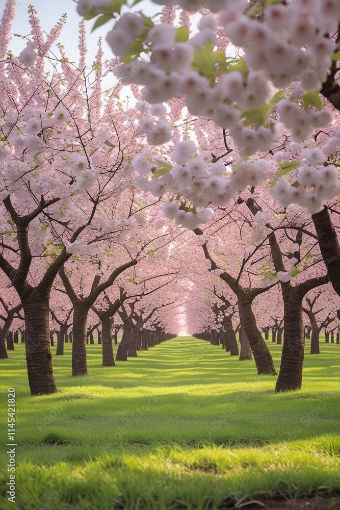 A picturesque cherry orchard in full bloom during springtime, with rows of cherry trees covered in white and pink blossoms A picturesque cherry orchard in full bloom during springtime, with rows of cherry trees covered in white and pink blossoms