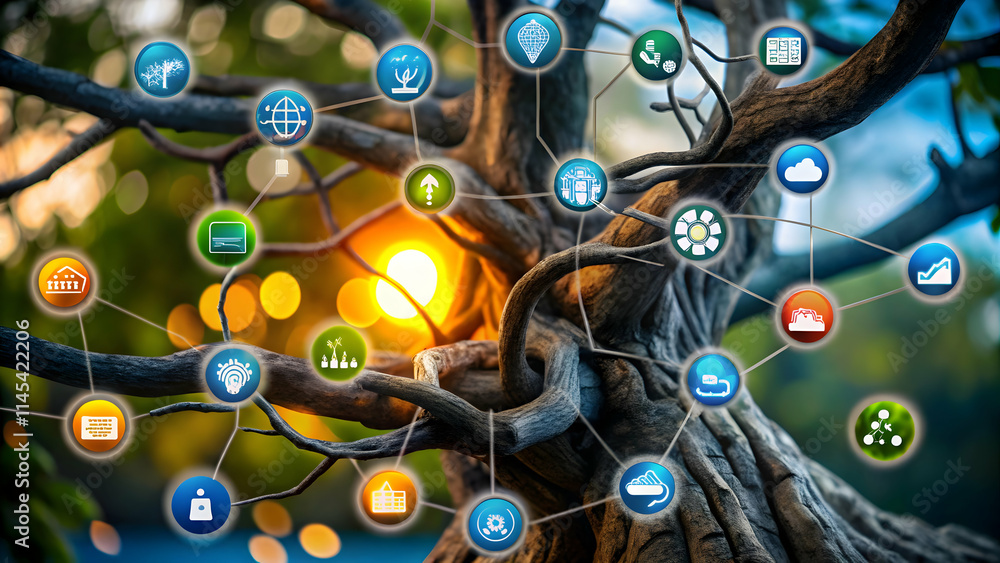Tree branches forming a network with business icons concept as An abstract image where tree branches create a network intertwined with business icons representing the interconnectedness of nature and Tree branches forming a network with business icons concept as An abstract image where tree branches create a network intertwined with business icons representing the interconnectedness of nature and