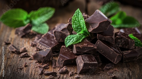 Dark Chocolate with Mint: A delectable close-up of rich, dark chocolate chunks adorned with fresh mint leaves, resting on a rustic wooden surface. photo