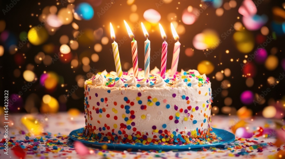 A Delicious Birthday Cake with Colorful Confetti and Lit Candles A Delicious Birthday Cake with Colorful Confetti and Lit Candles