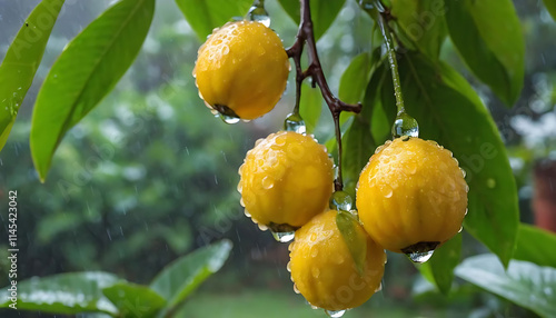 Yellow Mosambi Fruits with Dewdrops on Branch During Rain, Fresh Citrus Limetta in Nature photo