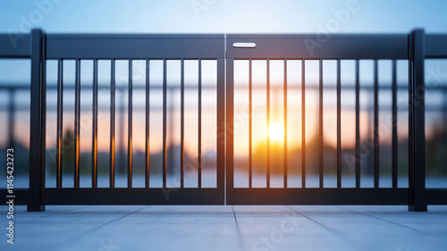 modern automatic sliding gate with sunset backdrop, enhancing security and style photo