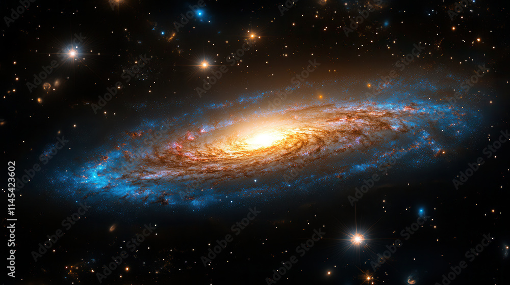distant galaxy glowing in golden hues, surrounded by stars and cosmic beauty distant galaxy glowing in golden hues, surrounded by stars and cosmic beauty
