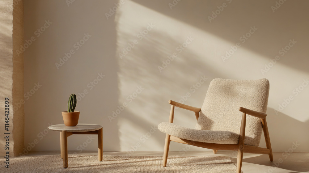 A cozy and minimalist living space featuring soft, beige armchair and small potted cactus on round table, illuminated by gentle sunlight. serene atmosphere invites relaxation and comfort A cozy and minimalist living space featuring soft, beige armchair and small potted cactus on round table, illuminated by gentle sunlight. serene atmosphere invites relaxation and comfort