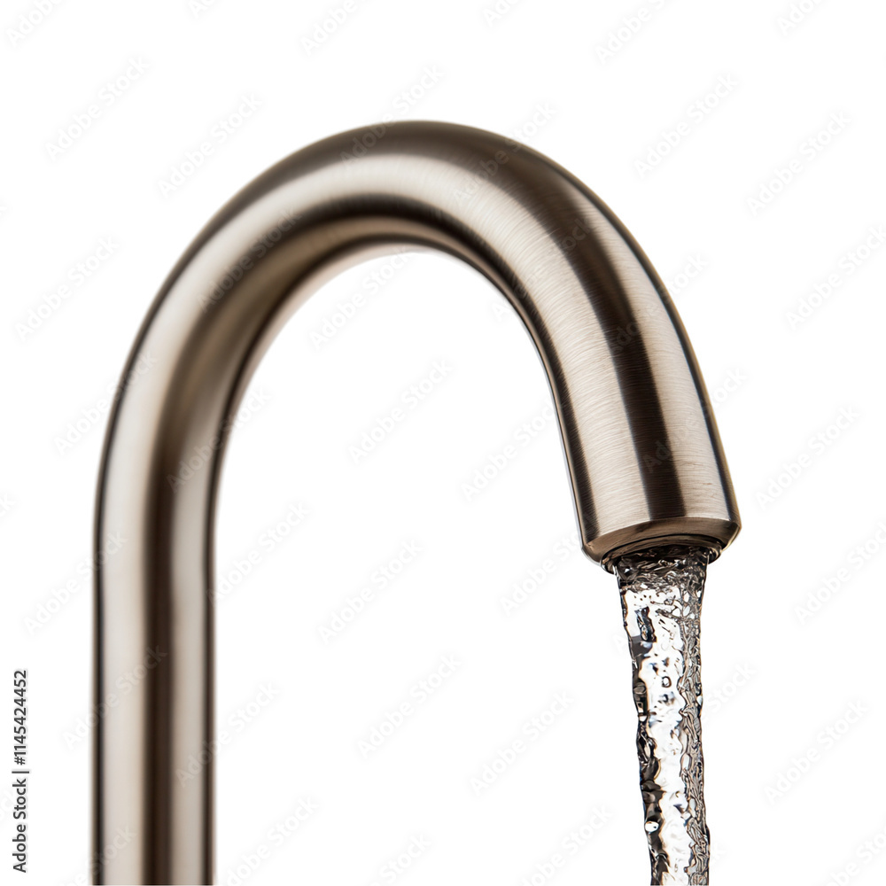 Water flowing from modern faucet with transparent background kitchen setting product close-up view Water flowing from modern faucet with transparent background kitchen setting product close-up view