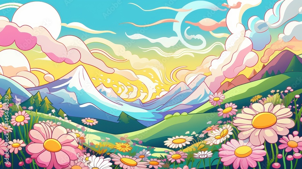 Vibrant Floral Meadow Before Majestic Mountains Vibrant Floral Meadow Before Majestic Mountains
