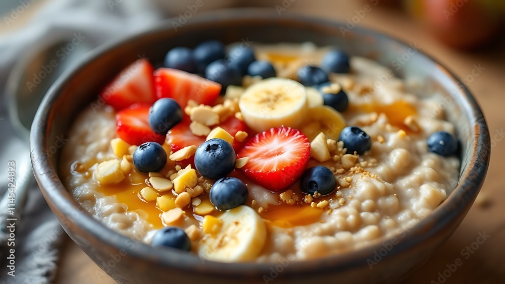 A nutritious bowl of oatmeal topped with fresh fruit and nuts, offering a wholesome, energy-boosting breakfast packed with fiber, vitamins, and healthy fats for a balanced meal. A nutritious bowl of oatmeal topped with fresh fruit and nuts, offering a wholesome, energy-boosting breakfast packed with fiber, vitamins, and healthy fats for a balanced meal.