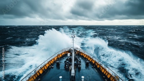 Ship Battling Storm: A powerful image of a ship braving a stormy sea, waves crashing against the bow, showcasing resilience and determination in the face of adversity. photo