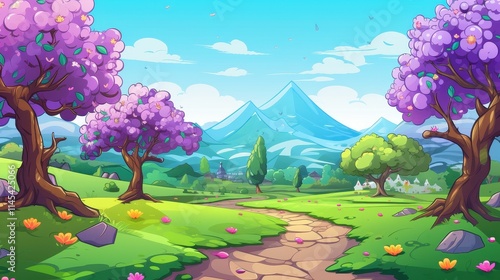 Serene Spring Landscape With Blooming Trees And Mountain View