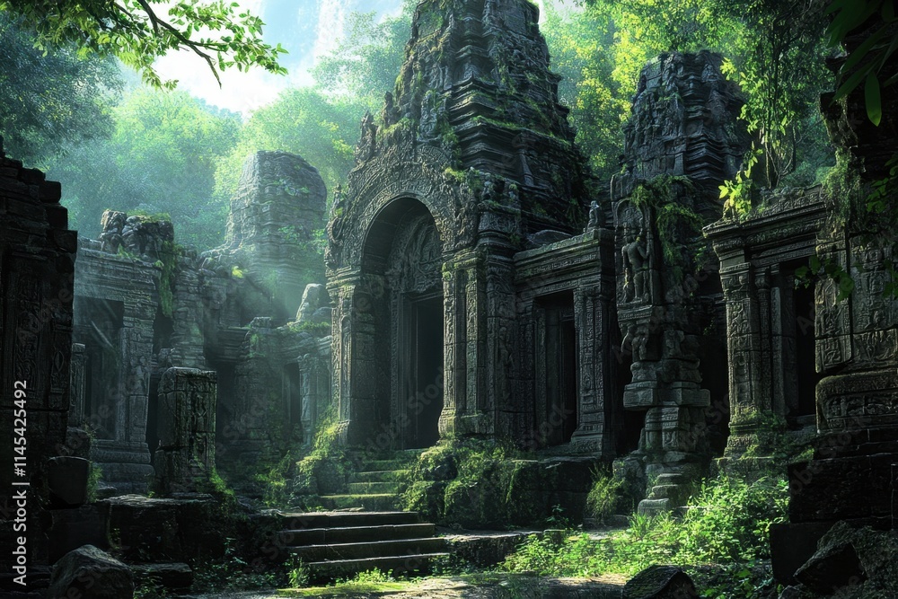 Naklejka premium Exploring the mystical ruins of an ancient jungleclad palace lush greenery and intricate stonework serene environment captivating viewpoint