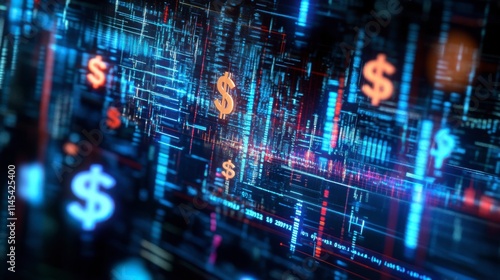 Digital Currency: A futuristic abstract digital currency concept with glowing dollar signs, representing the evolving landscape of finance and digital assets. 