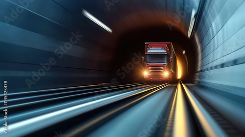 Speeding semi truck hauling through dark tunnel, creating dynamic scene