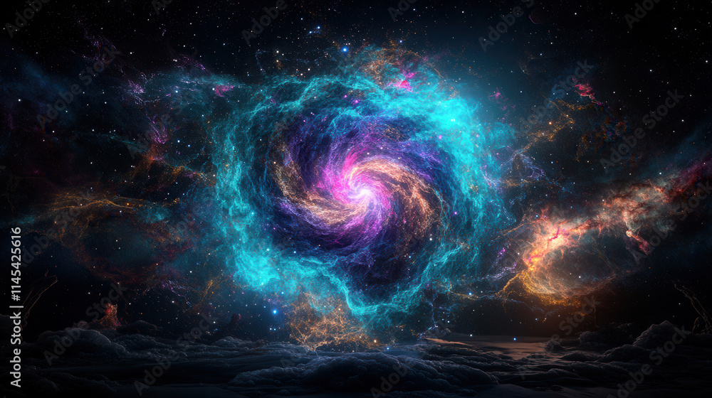 galaxy with intricate spiral arms glowing in shades of blue and pink, surrounded by stars and cosmic clouds, evokes sense of wonder and beauty galaxy with intricate spiral arms glowing in shades of blue and pink, surrounded by stars and cosmic clouds, evokes sense of wonder and beauty