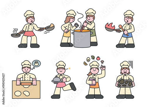 Busy chefs working in a restaurant kitchen. Cooking is hard and the chefs are making mistakes. Cuttiny character with outline.