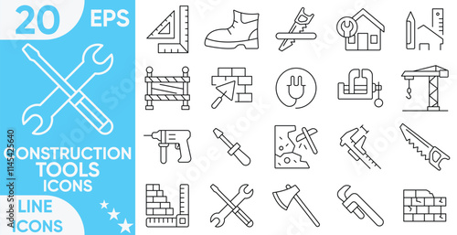 Construction tools line icon set.Construct, worker, tools, machines, oil, wall, drill, excavator and so on.vector and illustrator set.