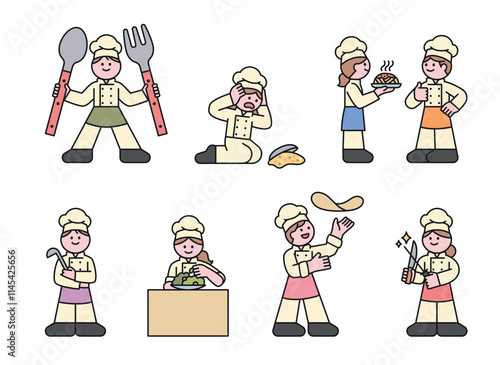 Cute chef characters. The chefs make mistakes, get checked by the chef, check the cooking tools, and make pizza dough. Cuttiny character with outline.