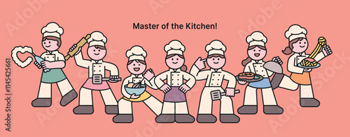 The bakers are striking cool poses, each holding their own tools. Cute characters stand in a row. Cuttiny character with outline.