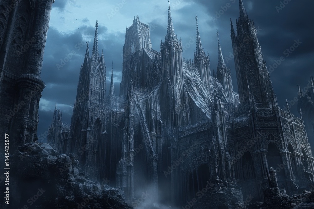 Obraz premium Ruins of a gothic cathedral with towering spire at dusk high-resolution image atmospheric environment captured from a low angle evoking mystery and history