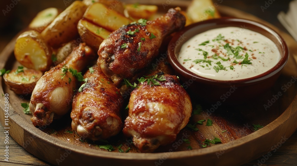 Roasted Chicken Drumsticks with Potatoes and Creamy Dip A Delicious and Satisfying Meal Roasted Chicken Drumsticks with Potatoes and Creamy Dip A Delicious and Satisfying Meal
