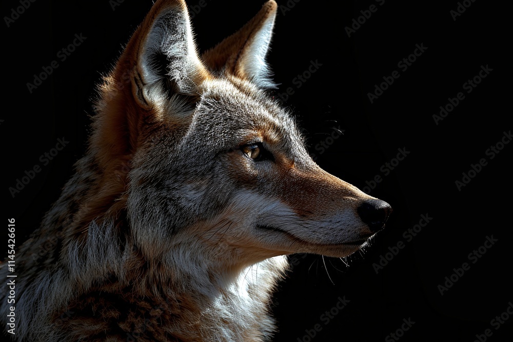 A majestic coyote, its fur highlighted by sunlight against a dark background, gazes intently. The image evokes a sense of wildness and beauty. A majestic coyote, its fur highlighted by sunlight against a dark background, gazes intently. The image evokes a sense of wildness and beauty.