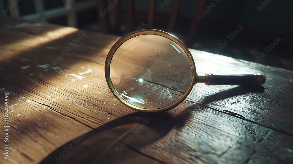 A magnifying glass is on a wooden table A magnifying glass is on a wooden table