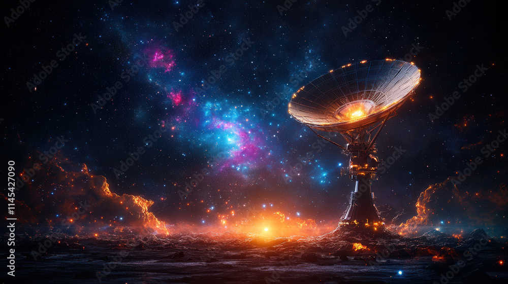 satellite dish in vibrant cosmic landscape, surrounded by colorful nebulae and stars, evokes sense of wonder and exploration satellite dish in vibrant cosmic landscape, surrounded by colorful nebulae and stars, evokes sense of wonder and exploration