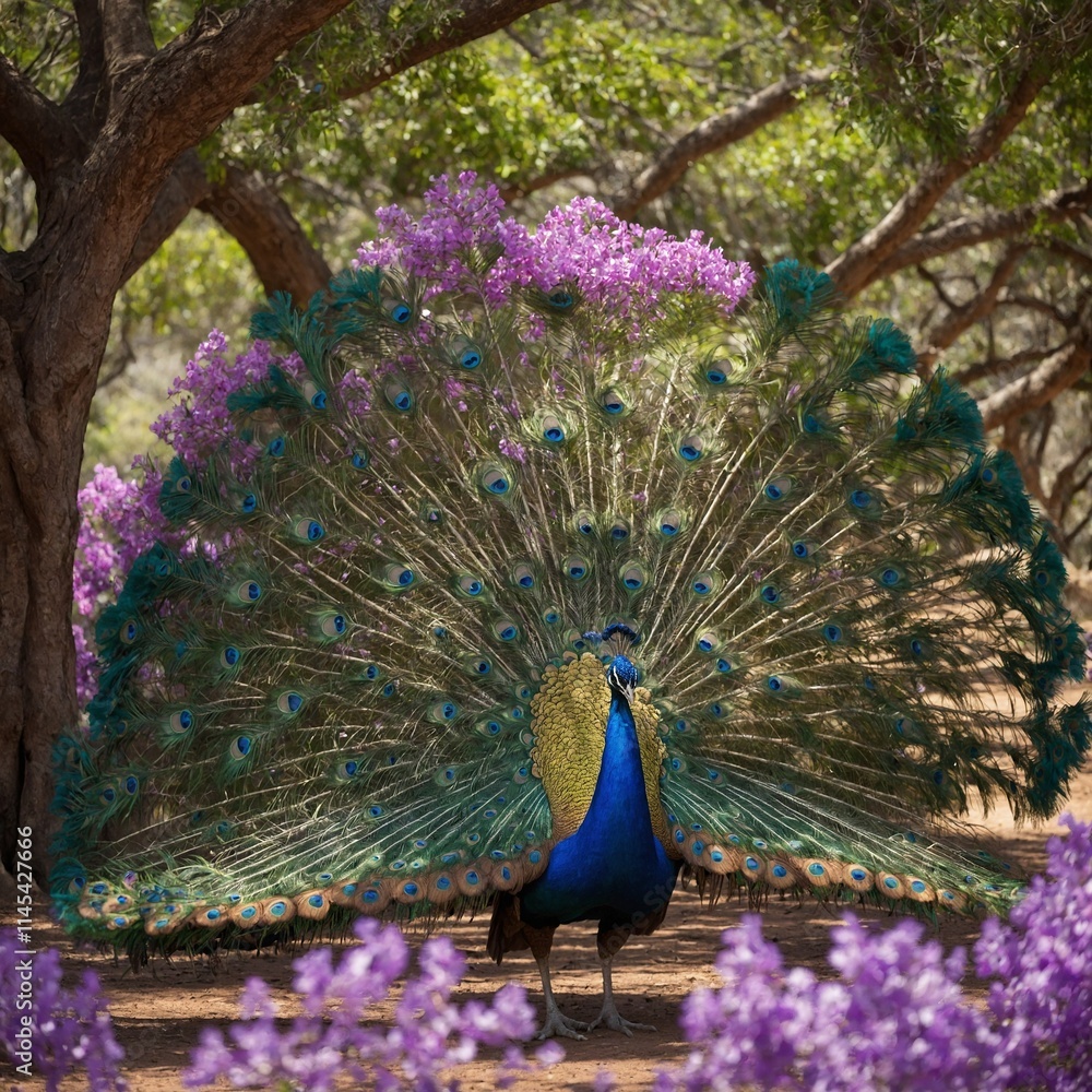 Obraz premium A colorful peacock spreading its feathers under a canopy of flowering jacaranda trees.