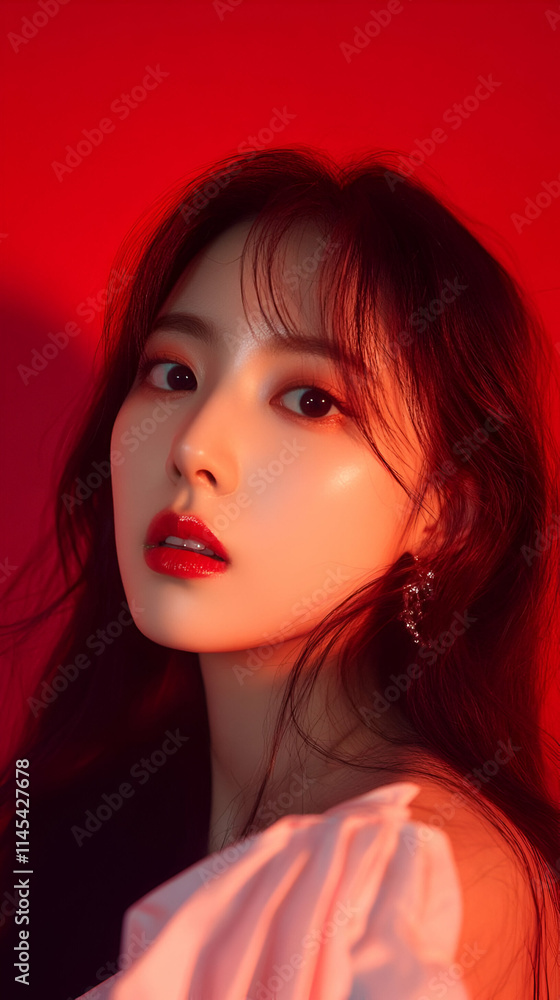 A close-up portrait of a woman with long hair and striking makeup against a red background. A close-up portrait of a woman with long hair and striking makeup against a red background.