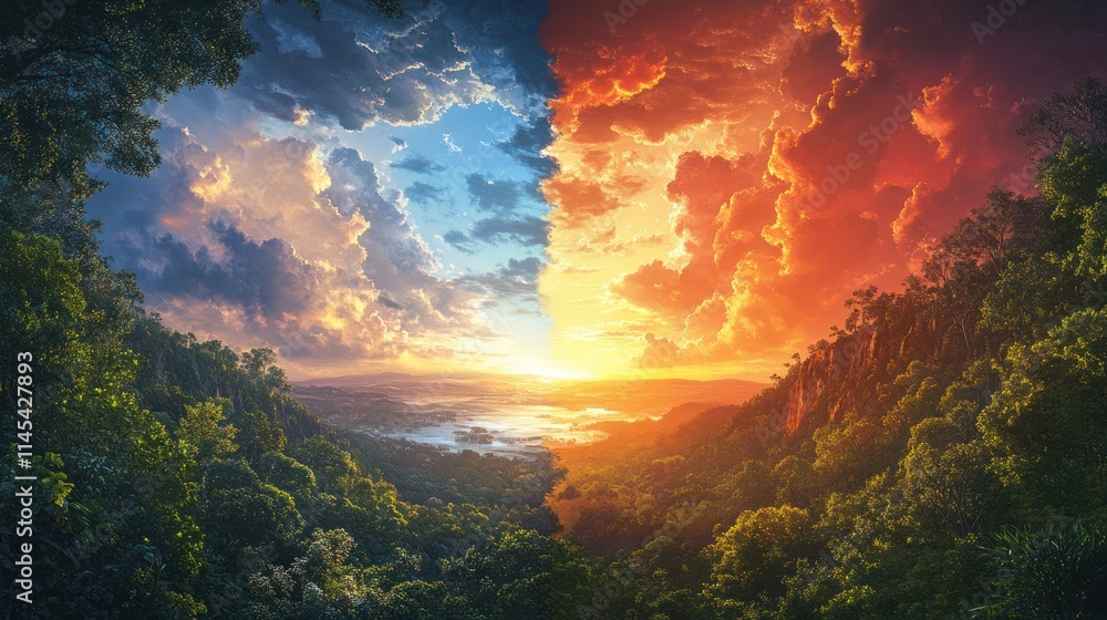 Obraz premium Sunset Over the Valley, Split by Two Colors