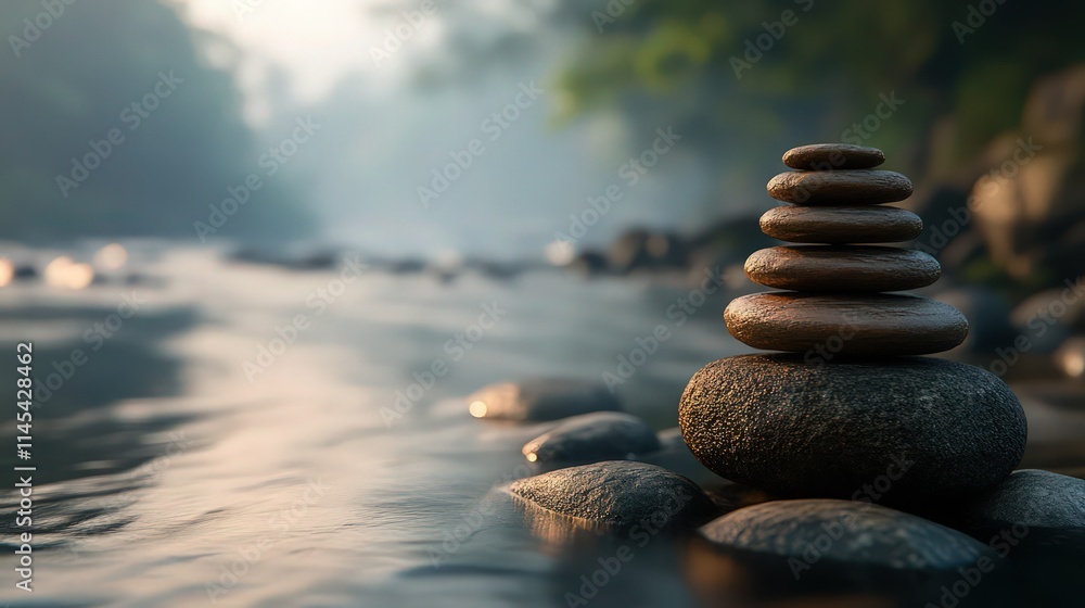 Fototapeta premium zen like photograph deep depth of field and soft relaxing lighting, natural minimalistic calming river background scene out of focus, with a round river rock stack to the side of the composition