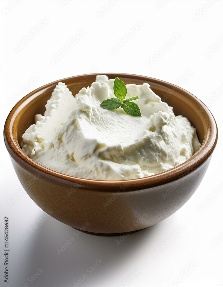 Creamy bowl of fresh cheese, garnished with a sprig of mint. Creamy bowl of fresh cheese, garnished with a sprig of mint.
