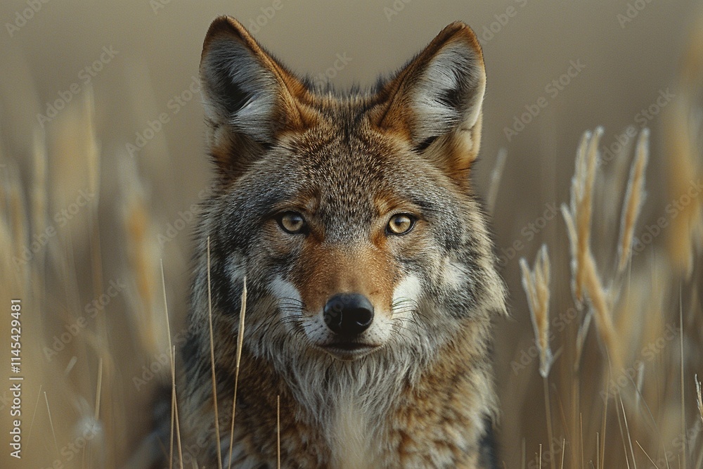 Fototapeta premium Close-up portrait of a coyote in a field of tall grass. The animal's intense gaze and beautiful coat are highlighted against the muted background.
