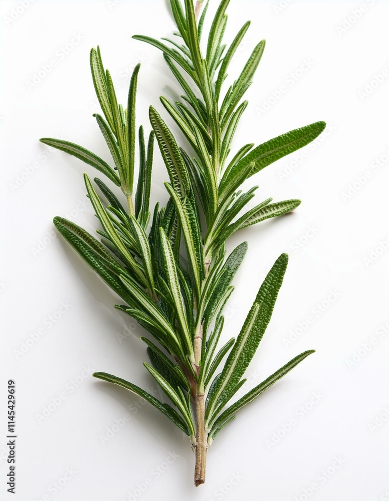 Fototapeta premium Fresh rosemary sprig on white background. Vibrant green herb.