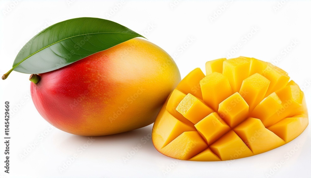Ripe mango with a vibrant red and yellow hue, sliced and ready to eat. Ripe mango with a vibrant red and yellow hue, sliced and ready to eat.