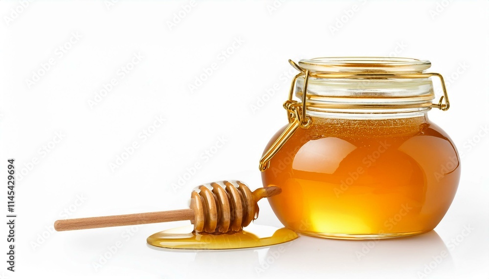 Golden honey in a glass jar with a wooden dipper. Sweet treat! Golden honey in a glass jar with a wooden dipper. Sweet treat!
